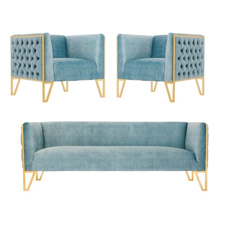 MANHATTAN COMFORT Vector Sofa and Armchair Set of 3 in Ocean Blue and Gold 3-SS548-OB